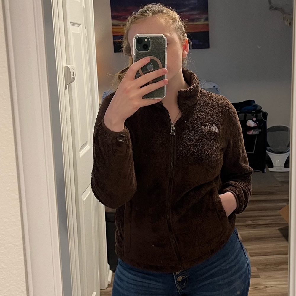Brown Fuzzy North Face Jacket with Inside Pockets (Medium)